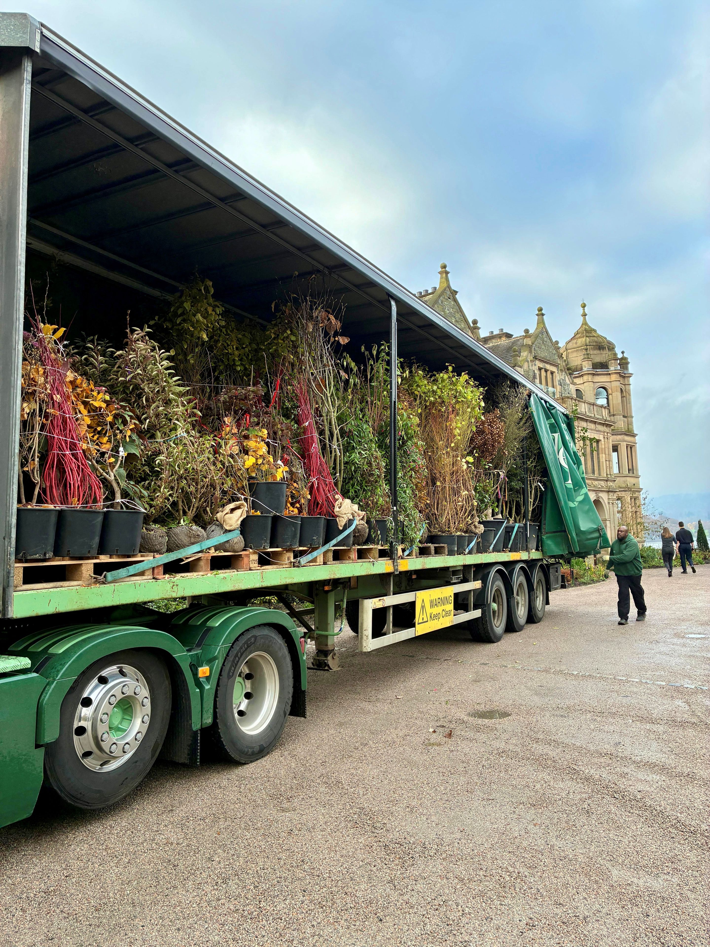 Lorry full of trees and plants arriving at Langdale Chase