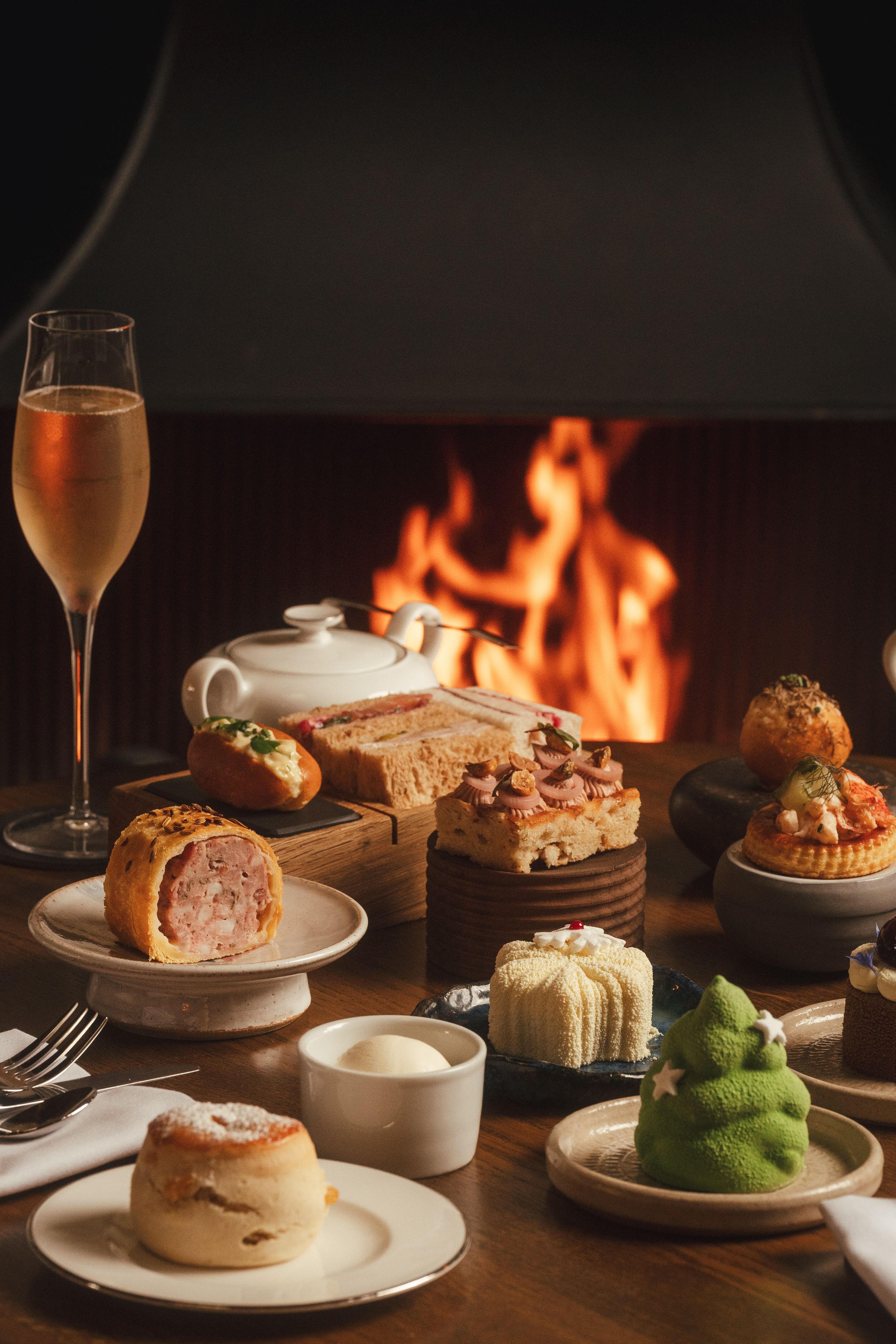 Festive afternoon tea by the fireplace